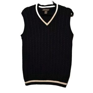 Rorie Whelan Mens Cable Knit Navy Vest With Ivory Striping 100% Cotton Tennis Sm